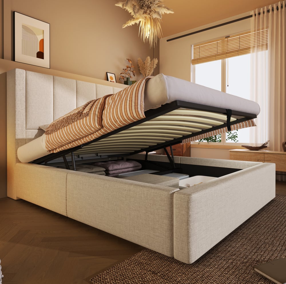 MODFU Polsterbett mit Ladestation & Stauraum, Leinen, 90x200 cm, Beige style modern BEIGE LEINEN Baby