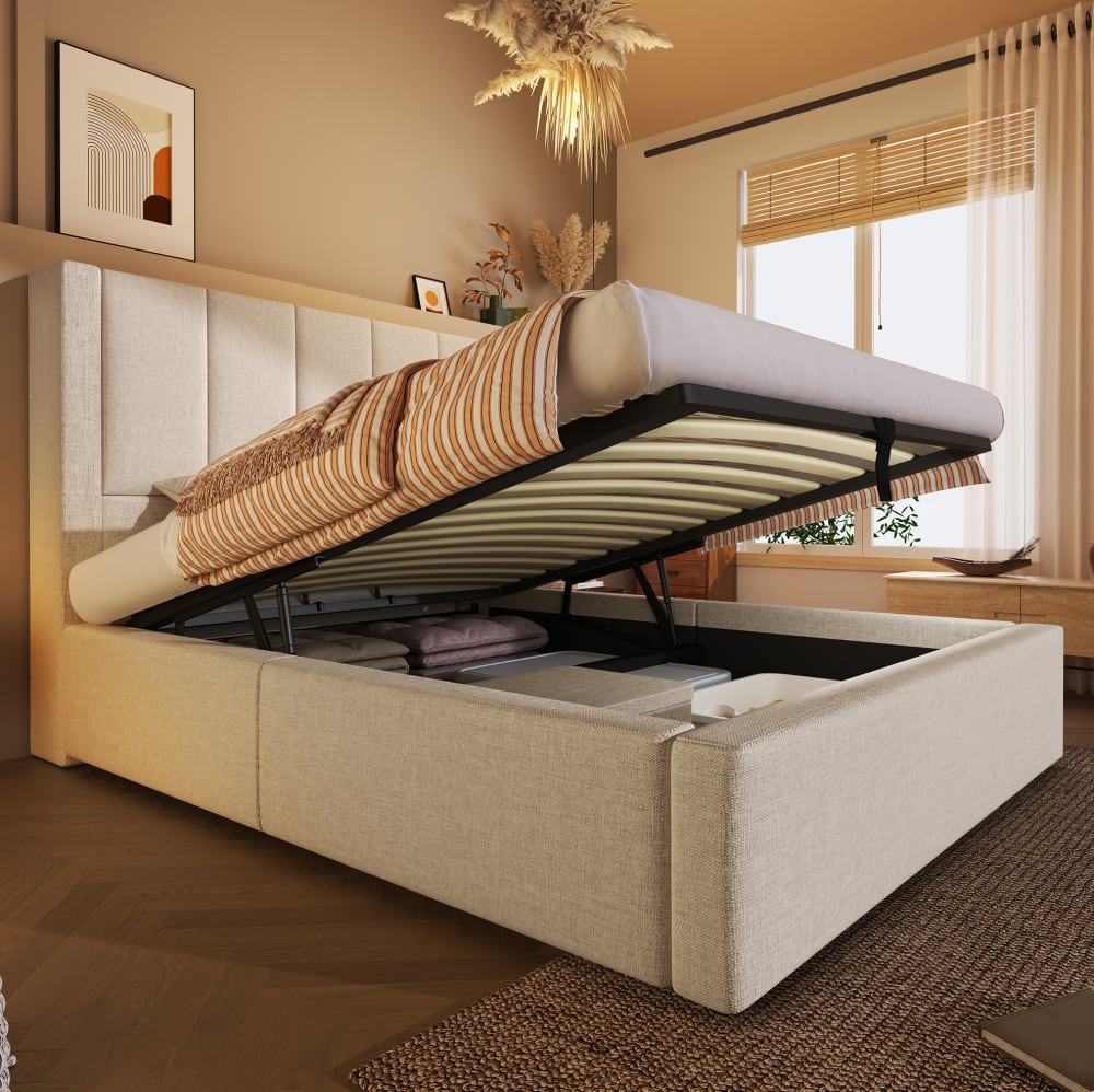 Polsterbett mit Ladestation & Stauraum, Leinen, 90x200 cm, Beige
