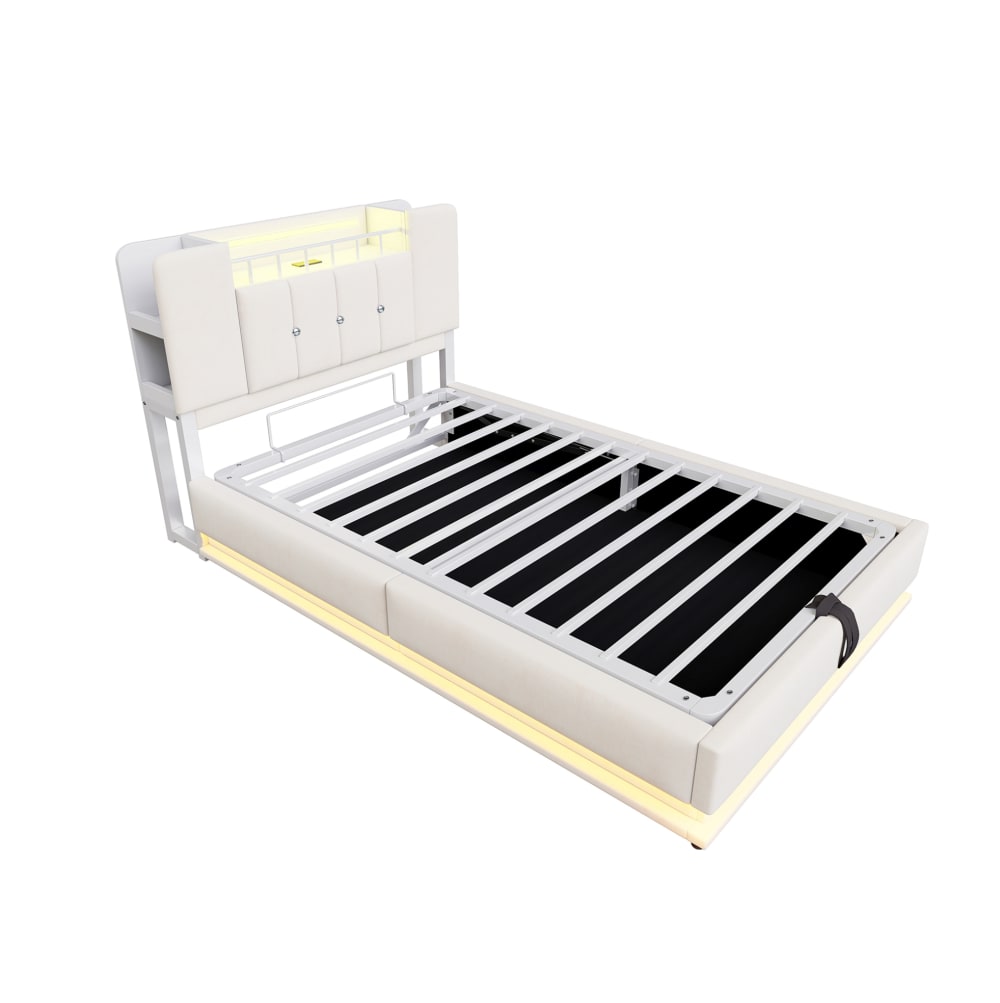 Lit enfant 90x200 cm avec led, port usb et rangement, velours beige