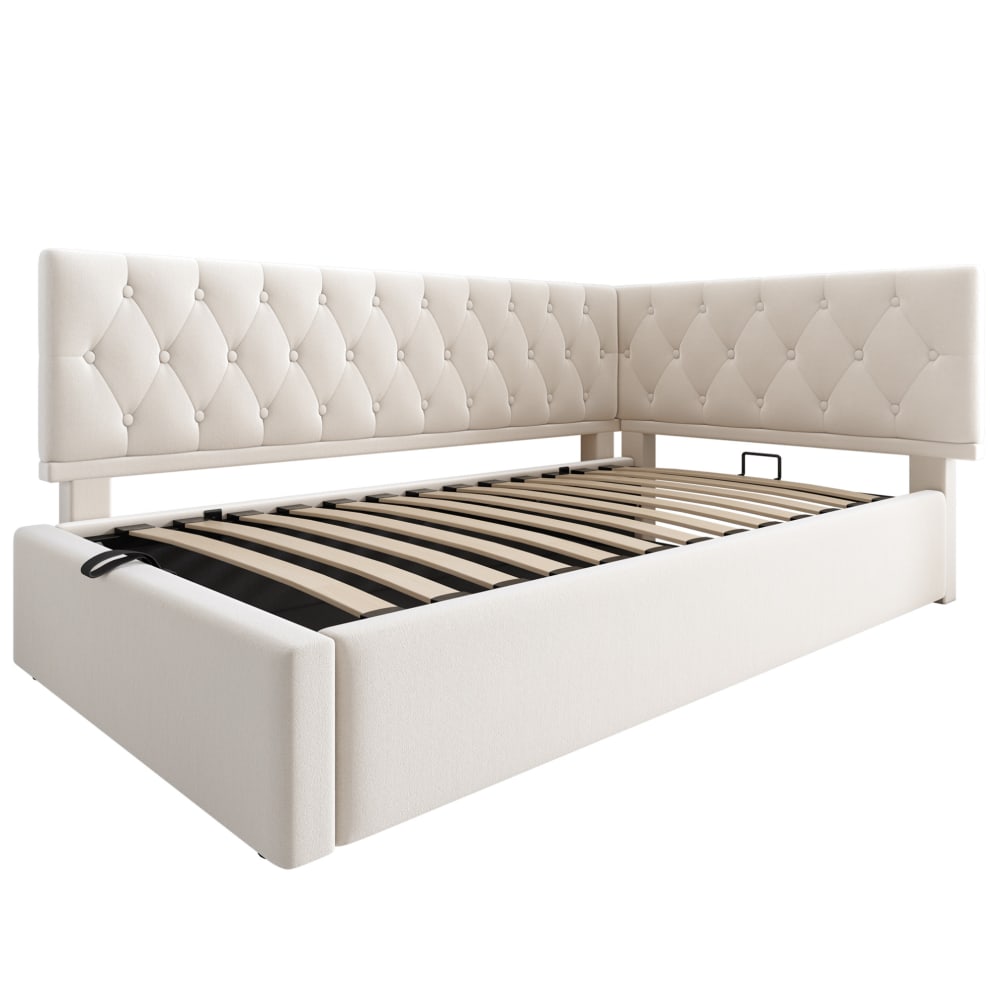 Lit coffre 90x190 cm velours beige avec rangement et métallique stable