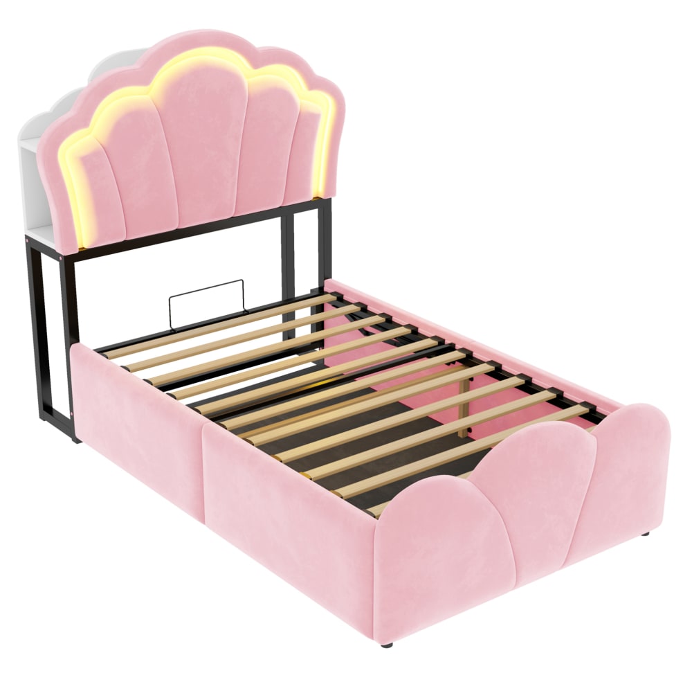 Lit enfant avec rangement, led et prises 90 x 200 cm rose