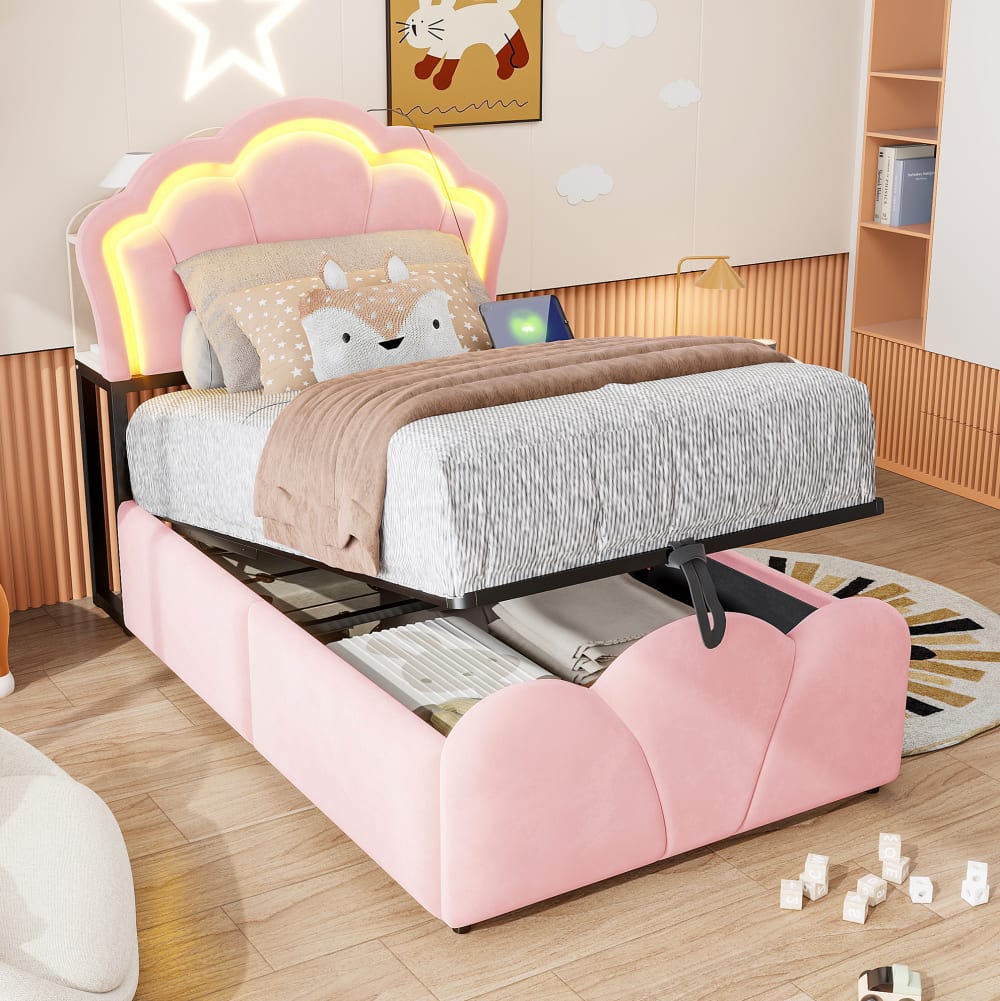 Polsterbett mit Stauraum, LED und Steckdosen, 90x200 cm, Rosa -