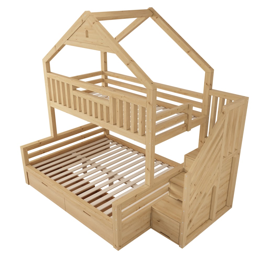 Etagenbett mit Stauraumtreppe, 2 Schubladen 90/140x200 cm, Eiche