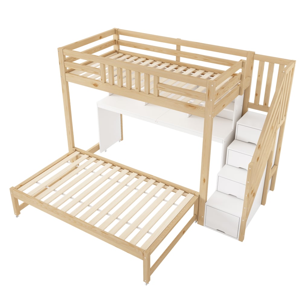 Lit superposé enfant 90x190/200 cm, avec bureau, escalie, blanc/chêne