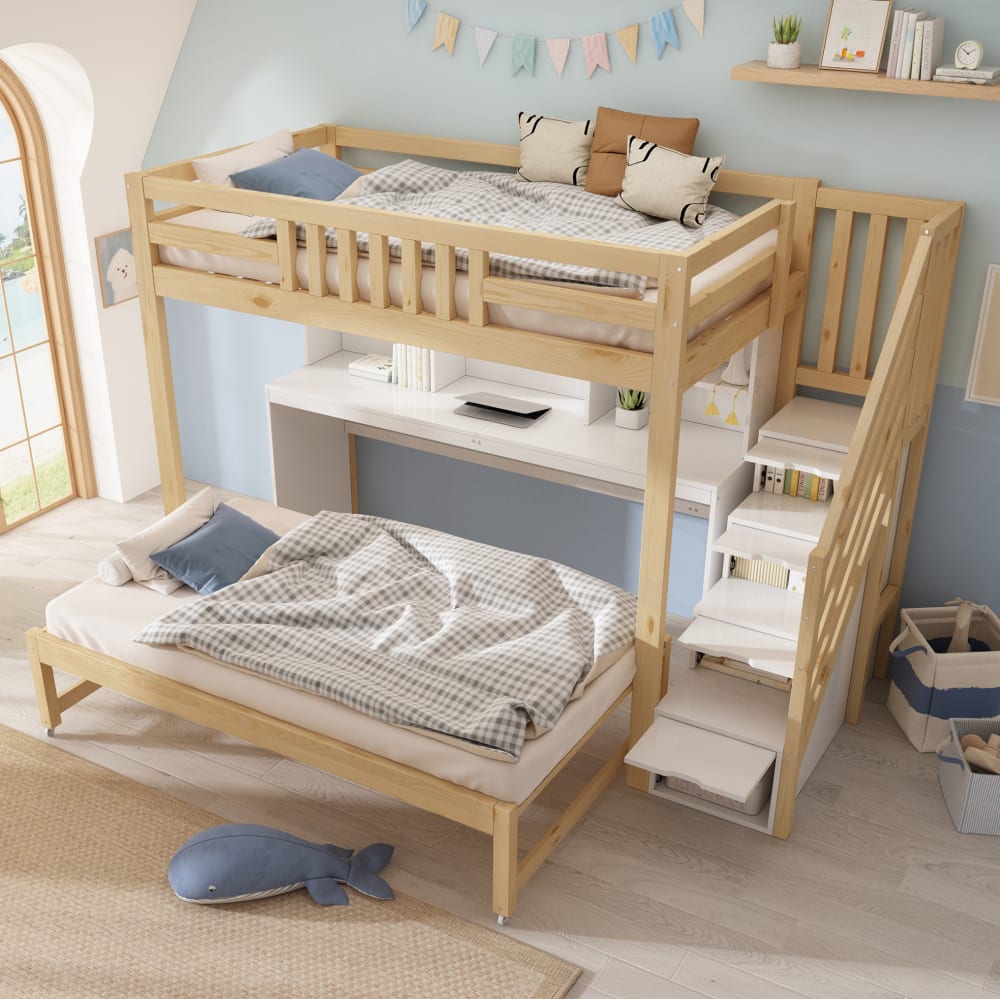 Etagenbett  mit Schreibtisch, 90x200/90x190 cm, Weiß & Eiche -