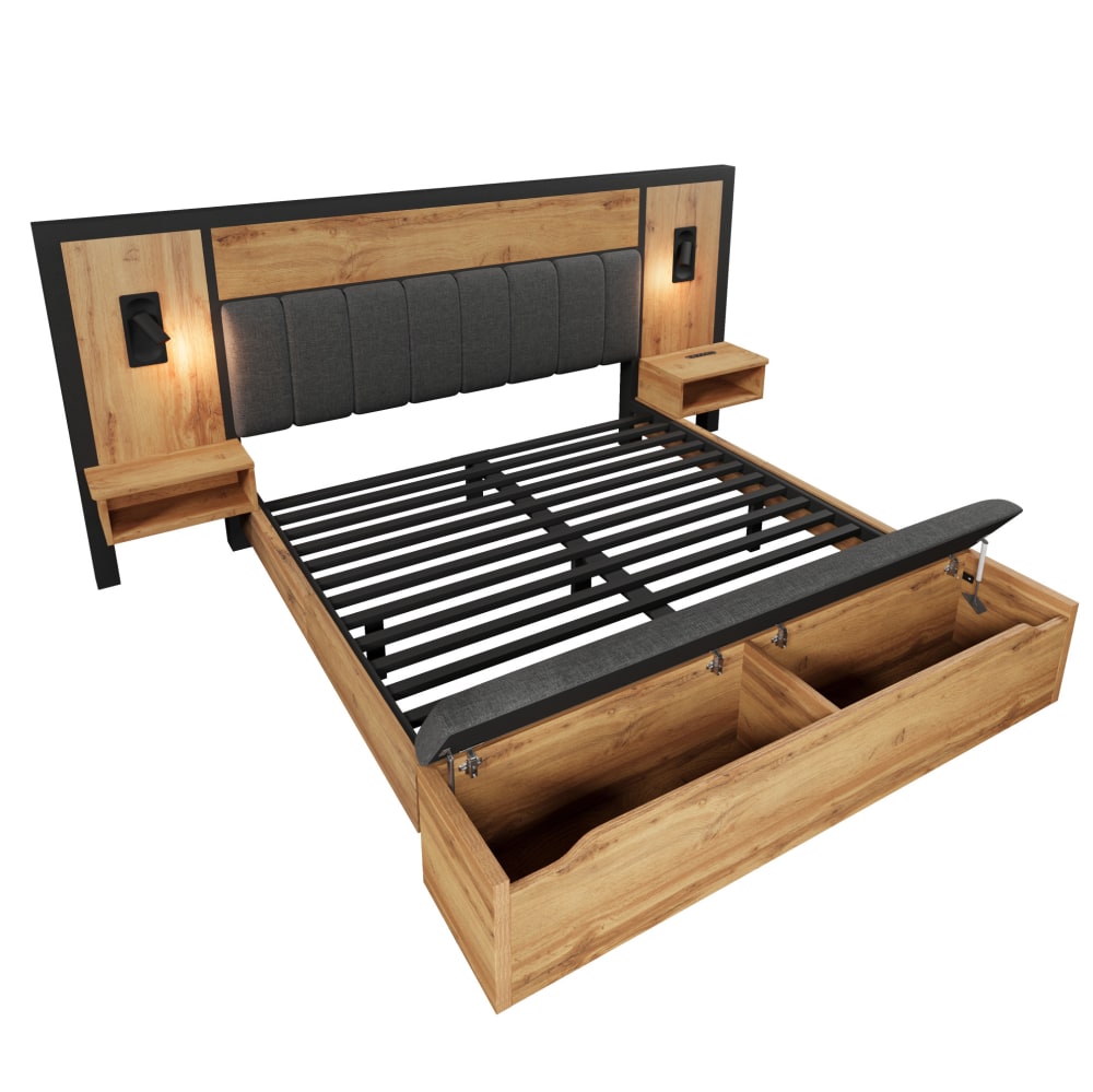 Lit adulte 160x200 avec liseuse, port usb-c et rangement, chêne