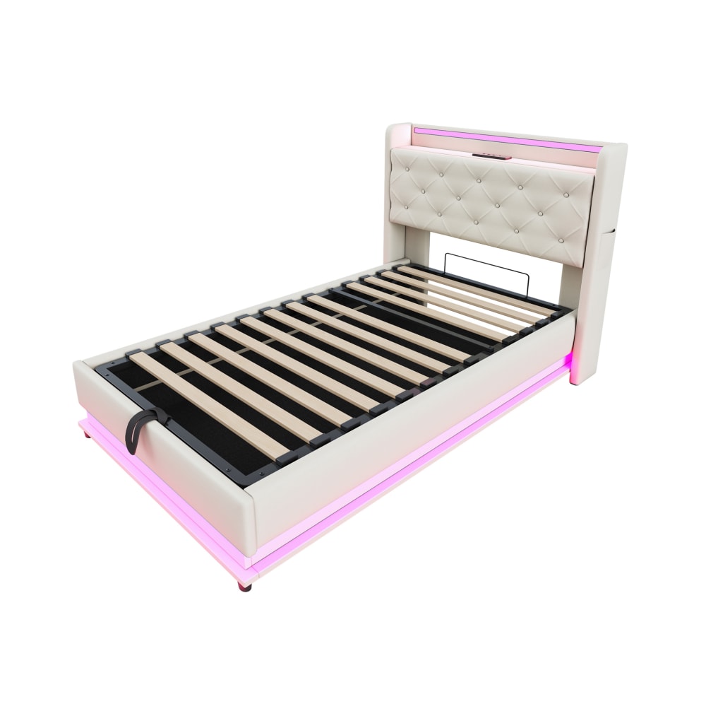 Lit enfant avec led, port usb et rangement 90x200 beige