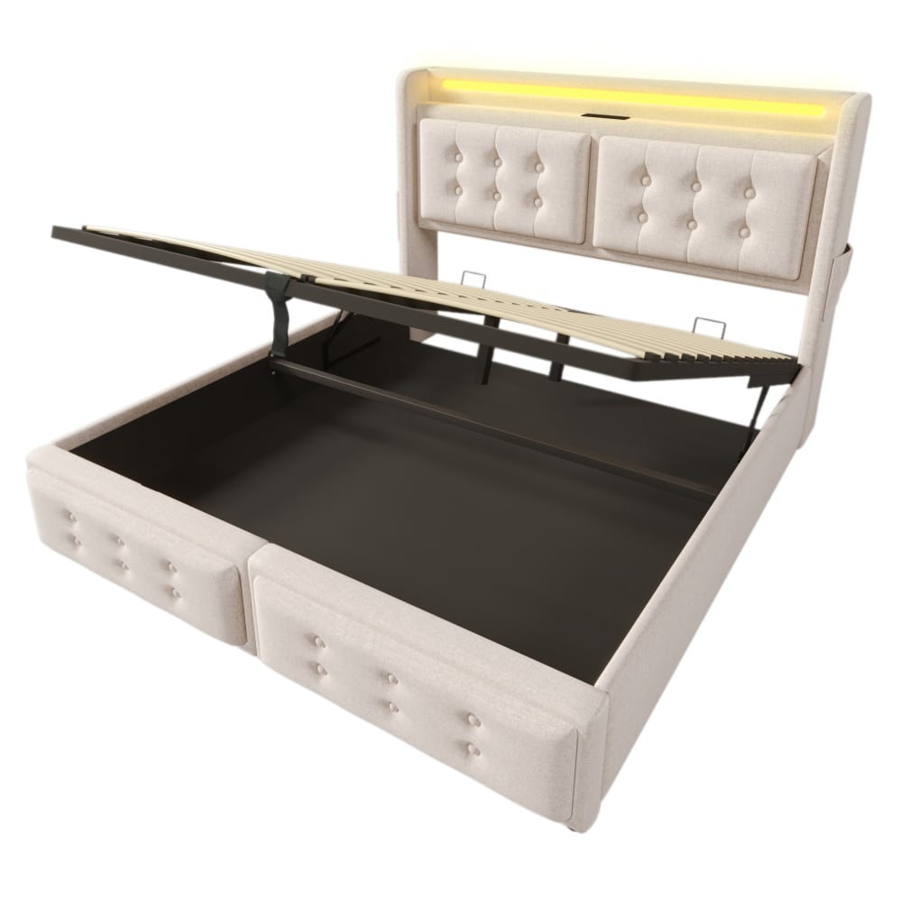 Lit adulte coffre 180x200 avec led, port usb-c, rangement, beige