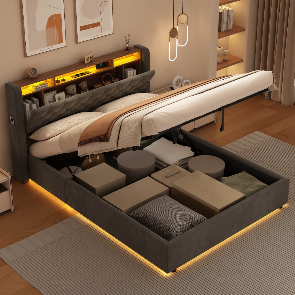 Lit coffre 140x190 cm, avec led, rangement, velours gris foncé