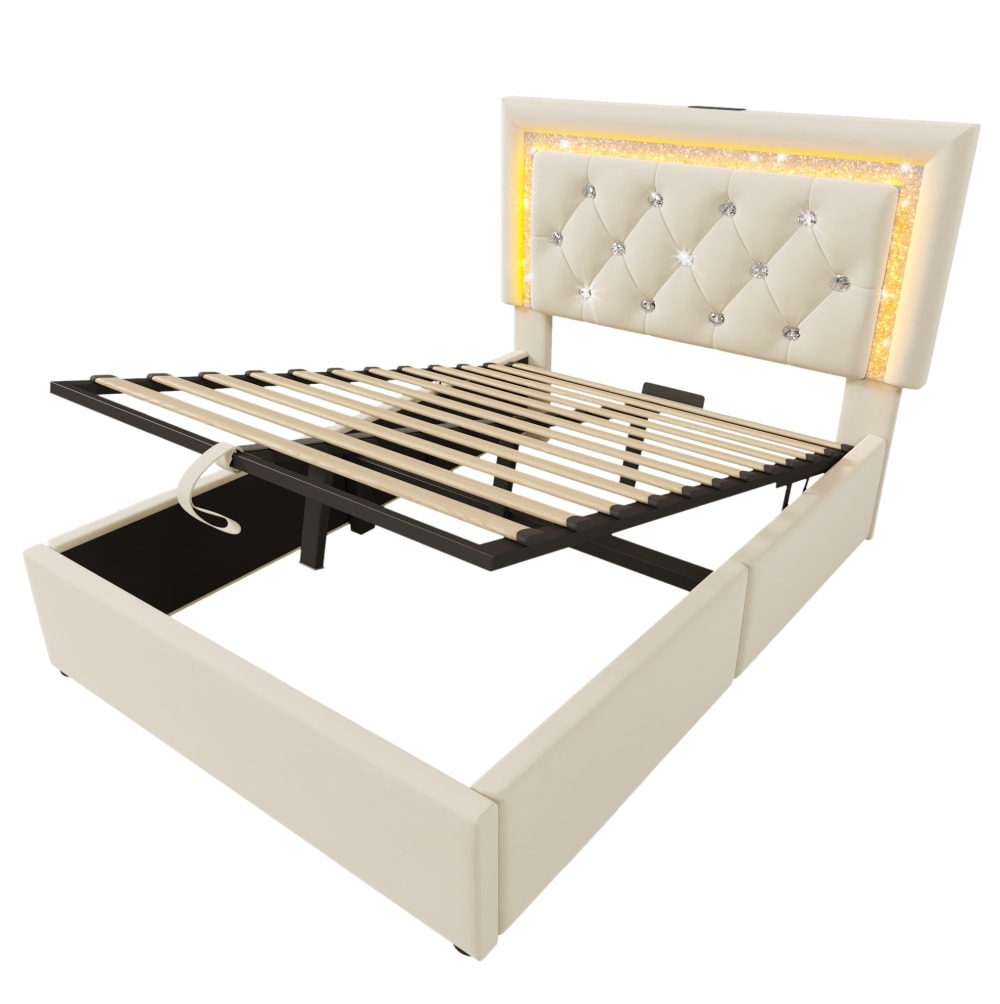 Lit enfant avec led, usb et coffre de rangement, 90 x 200 cm, beige