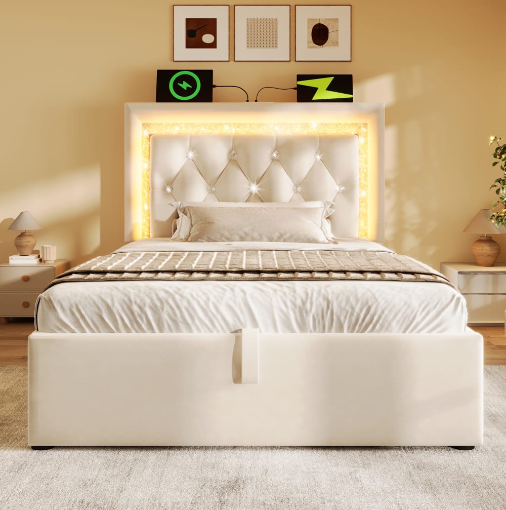 Polsterbett mit LED, USB und Bettkasten 90x200 cm, Beige -