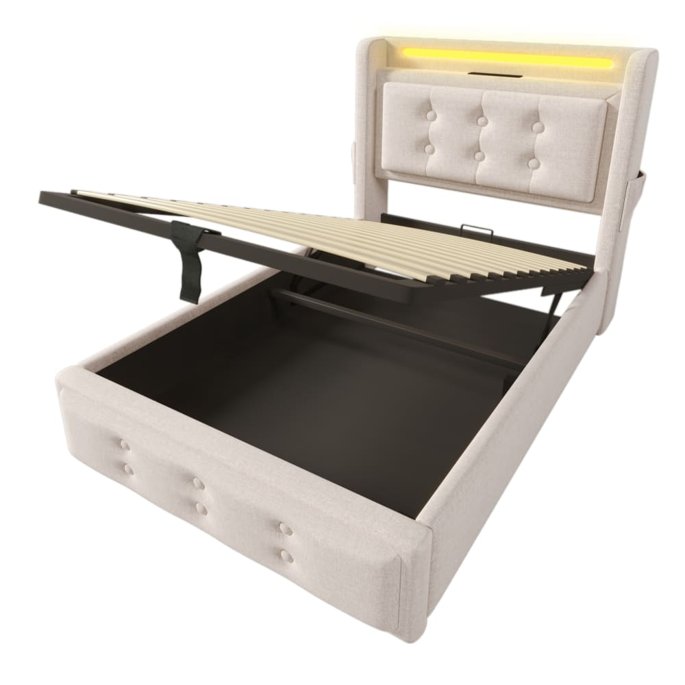 Lit enfant coffre 90x200 avec led, port usb-c, rangement, beige