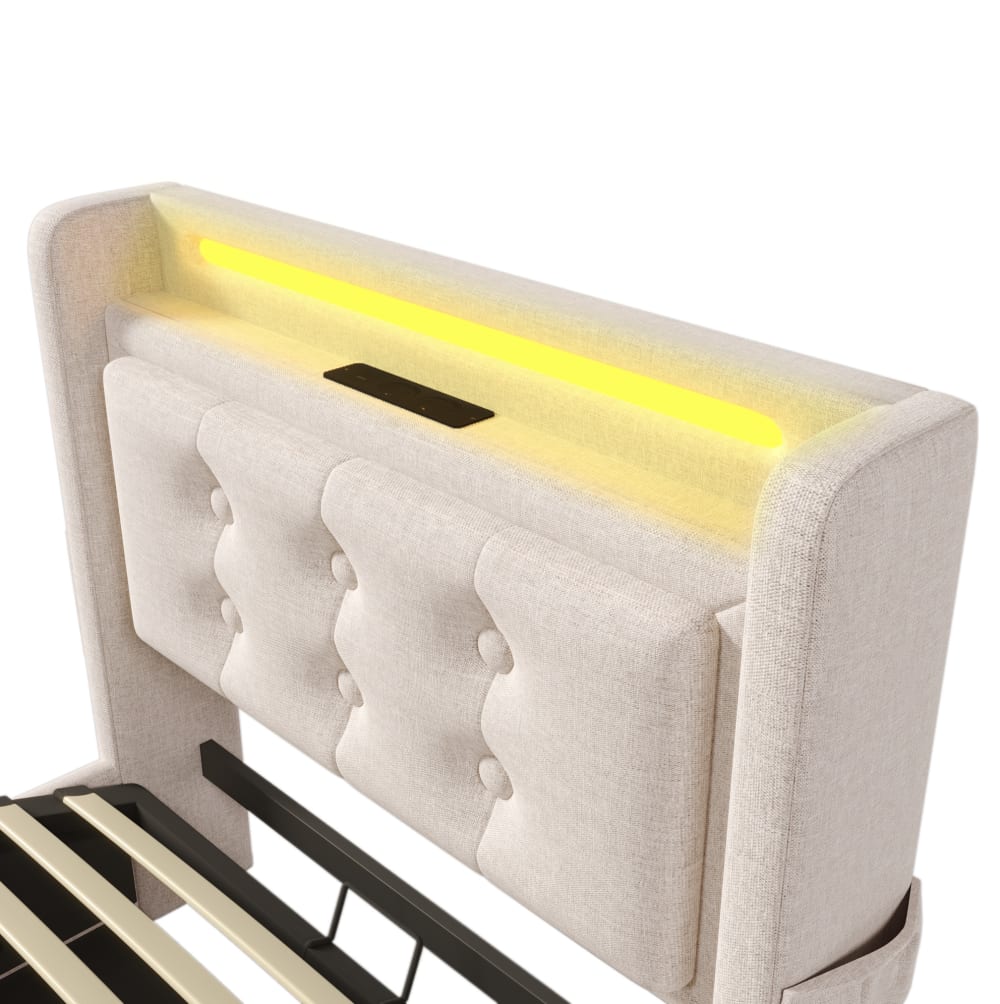 MODFU Polsterbett mit LED, USB-C, Stauraum, 90x200 cm, Beige style modern BEIGE LEINEN Baby