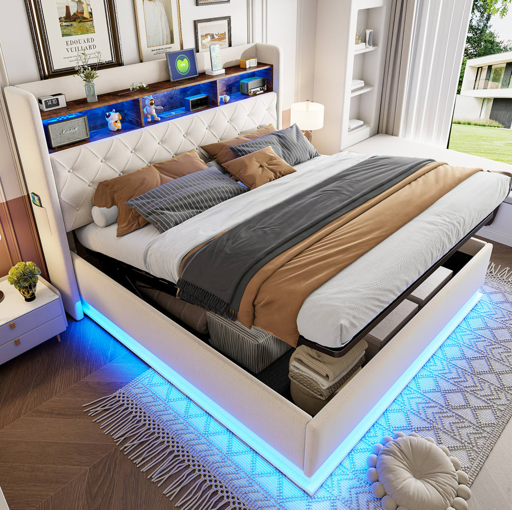 Lit coffre avec éclairage led et rangement, 180 x 200 cm, lin beige