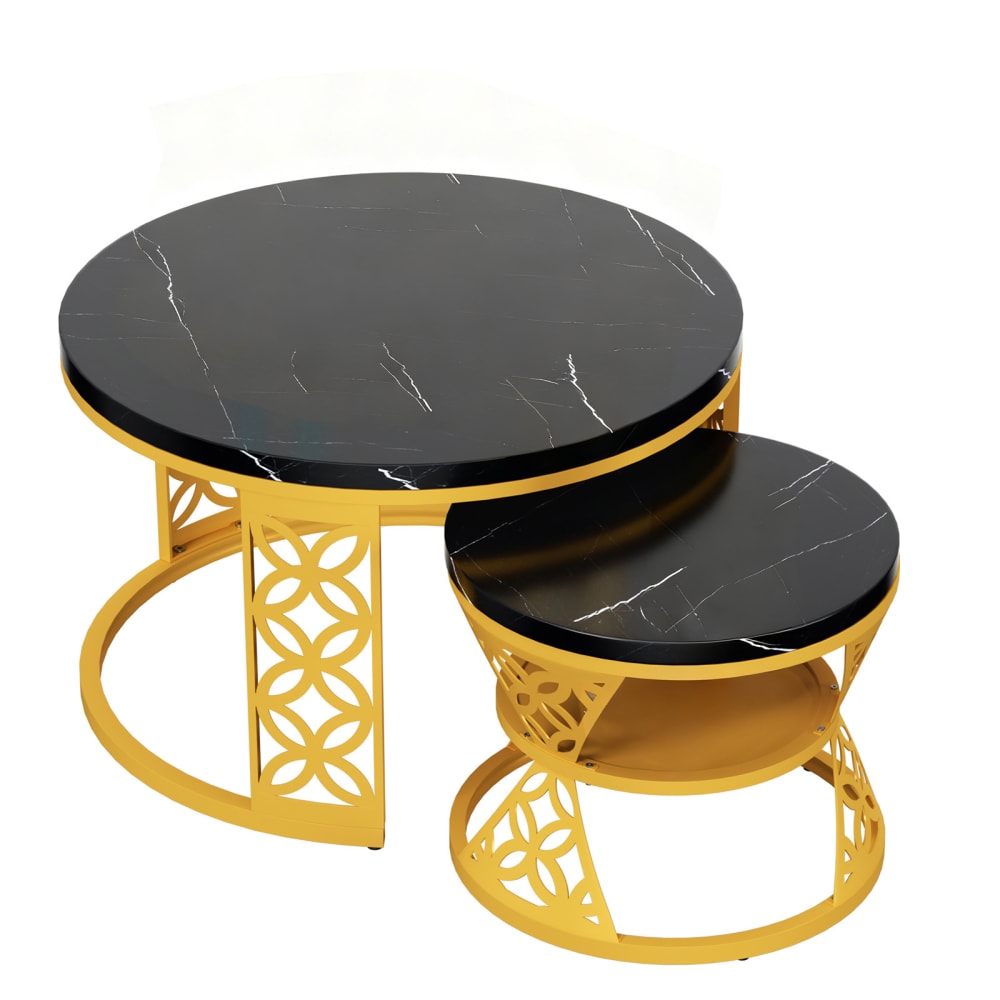 Set de 2 tables rondes gigognes 70x70x45, noir marbre, pied métal doré