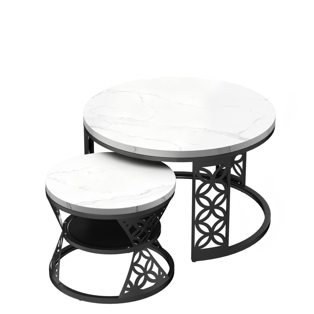 Tables basses gigognes rondes 70x70x45 cm, blanc marbre et pieds noir
