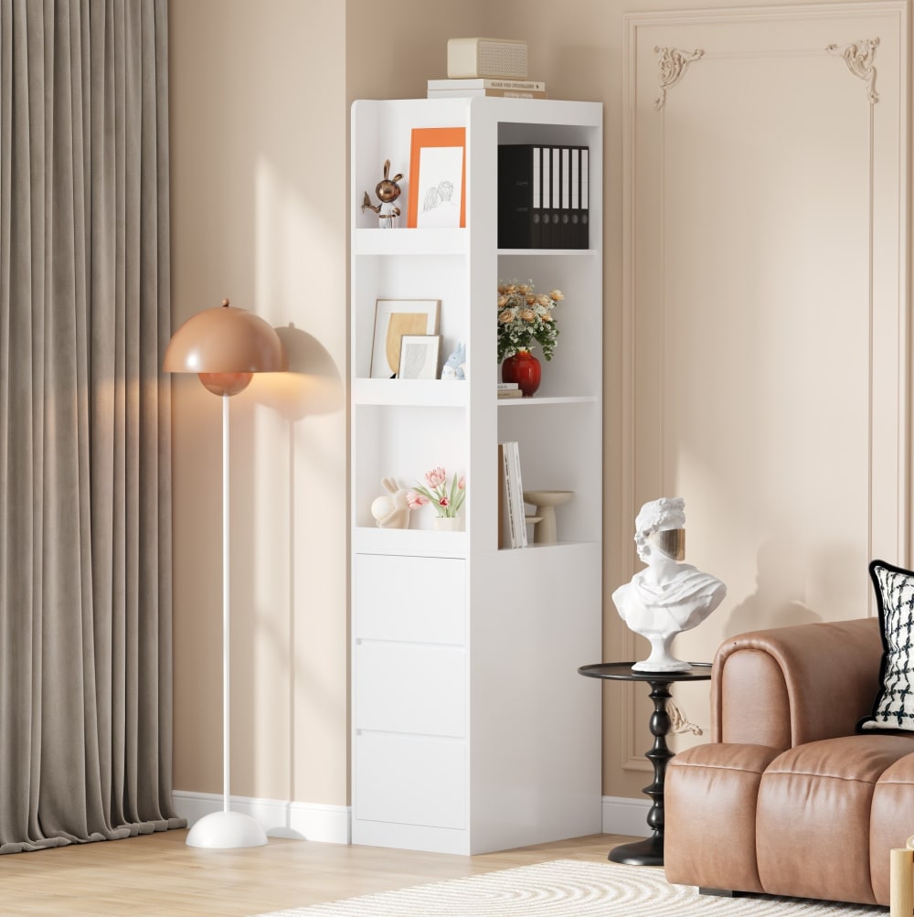 Schmales Bücherregal mit Ablagen und 3 Schubladen, 60x40x200 cm,
