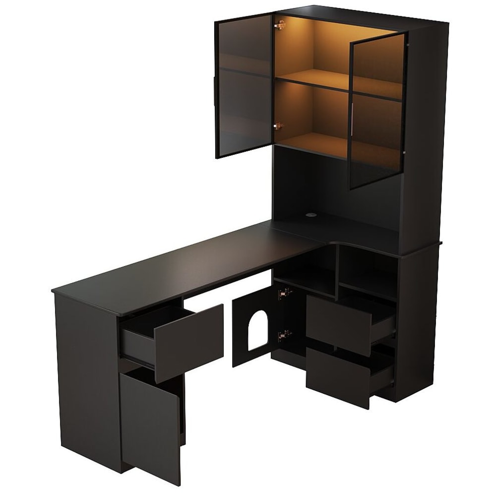 Bureau d'angle avec étagère et vitrine led, 120x80x180 cm, noir