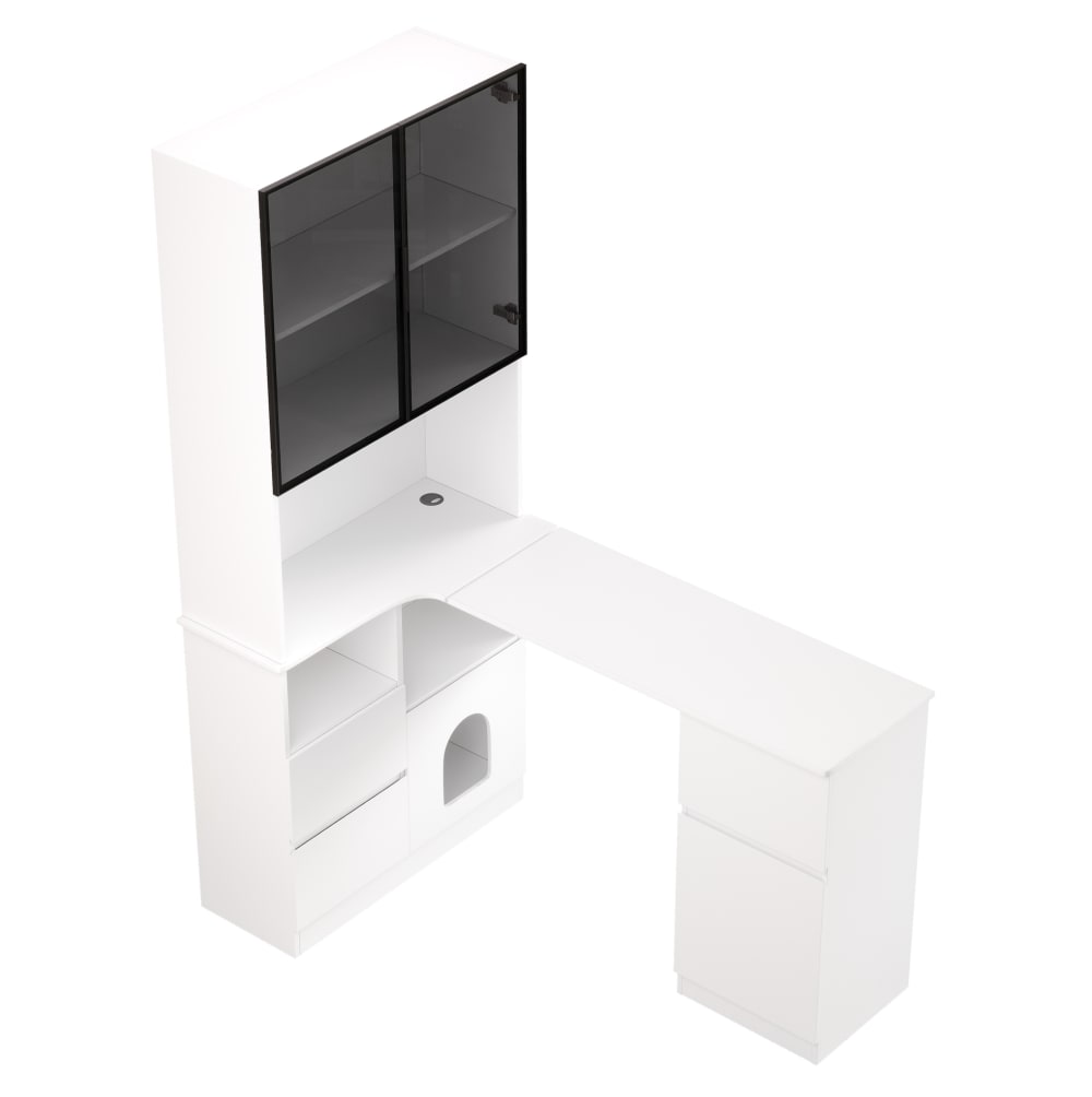 Bureau d'angle 120x80x180 cm avec étagère, vitrine led, blanc