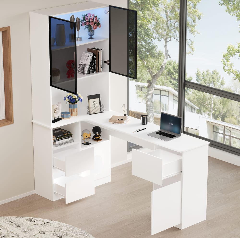 Eckschreibtisch mit Regal, Vitrine, 3 Schubladen,120x80x180 cm,