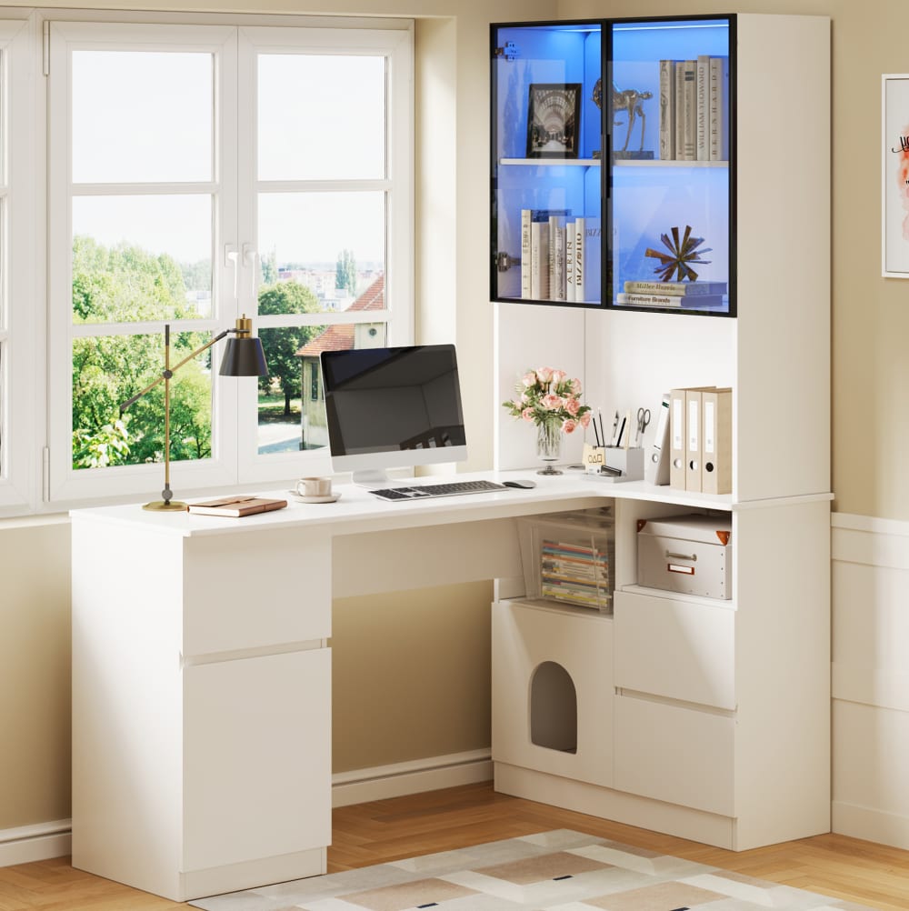 Eckschreibtisch mit Regal und LED-Vitrine 120x80x180 cm Weiß -