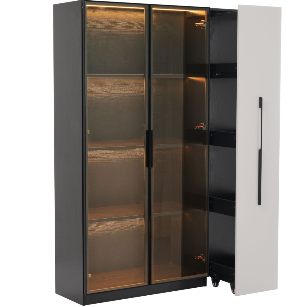 MODFU Vitrine mit LED, 2 Türen und Seitenfach, 110,5x35x160 cm, Schwarz style modern Schwarz Spanplatte