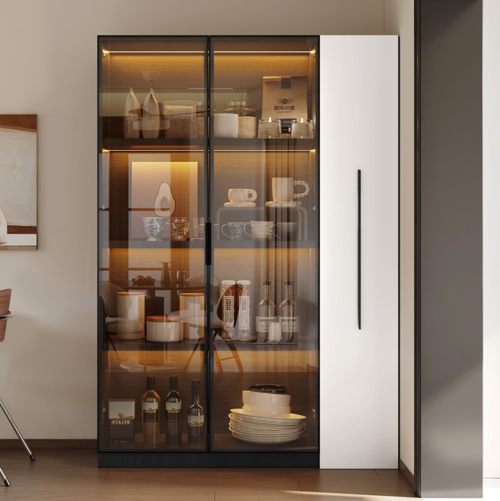 Vitrine 110,5x35x160 cm avec led, 2 portes et rangement latéral, noir