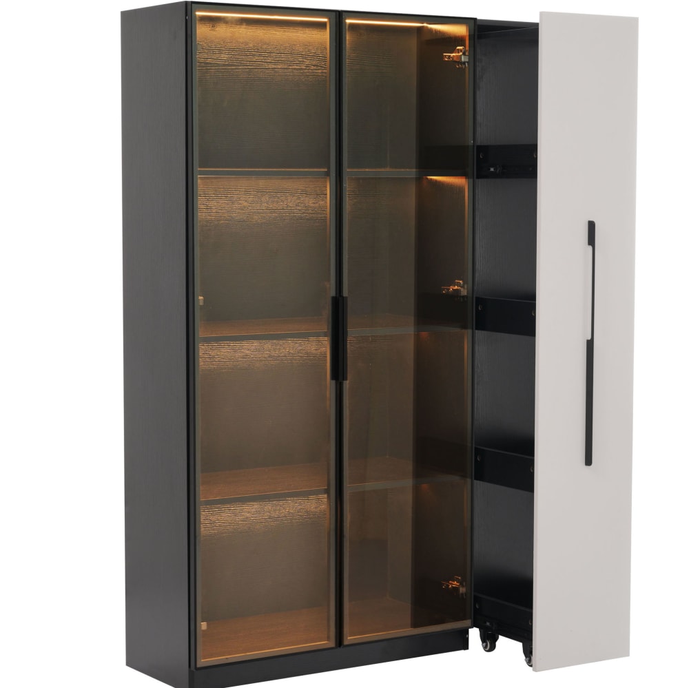 Vitrine mit LED, 2 Türen und Seitenfach, 110,5x35x160 cm, Schwarz