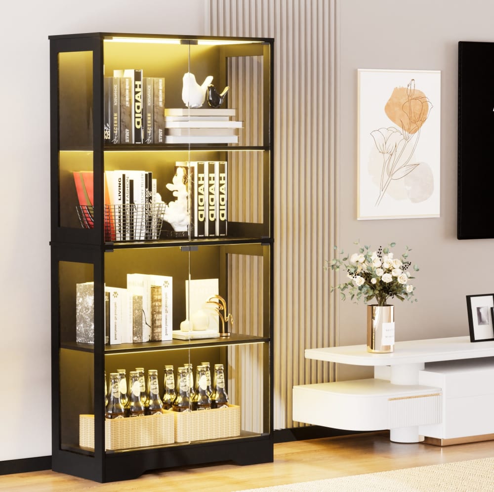 Glasvitrine mit LED, Sensor, Glastüren, 80x35x165 cm, Schwarz -