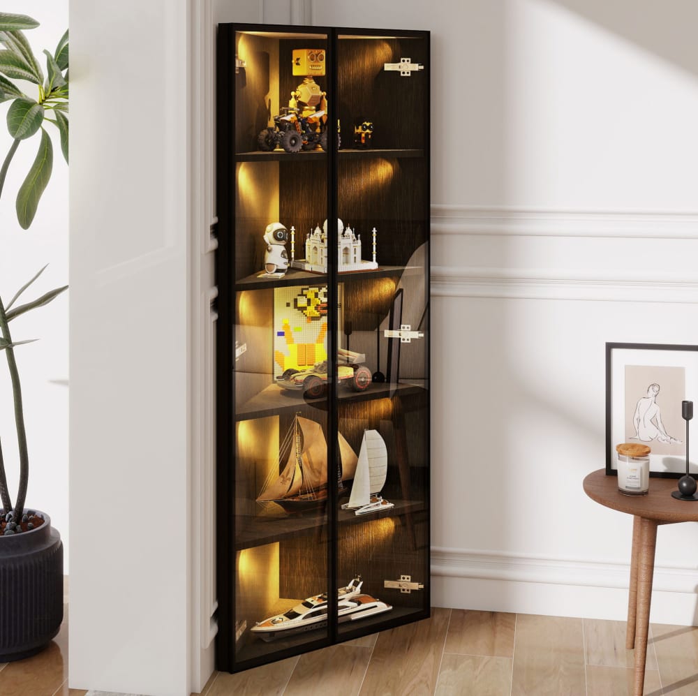 Vitrine d’angle 62x35x160 cm avec led et 2 portes en verre, noir