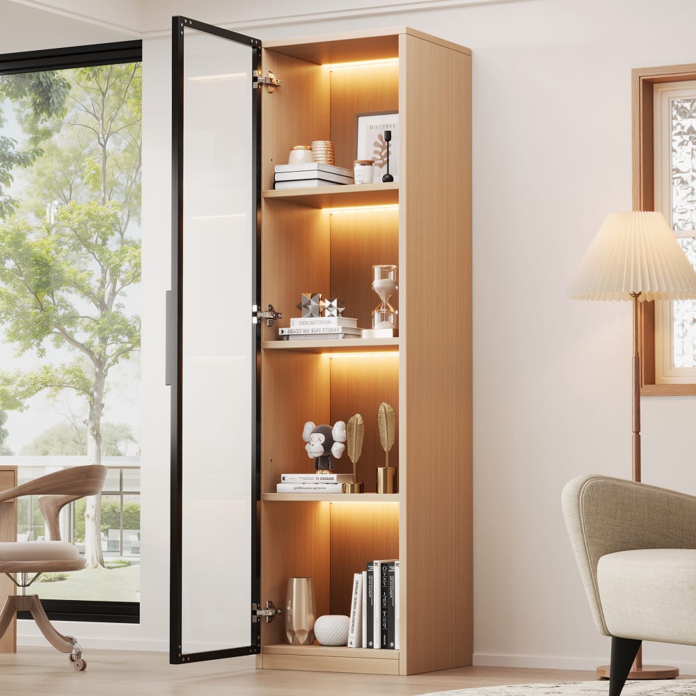 Vitrine 40 x 40 x 165 cm avec éclairage led, verre, chêne