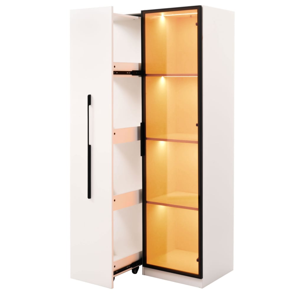 Vitrine led 160 cm avec porte, rangement latéral coulissant, blanc