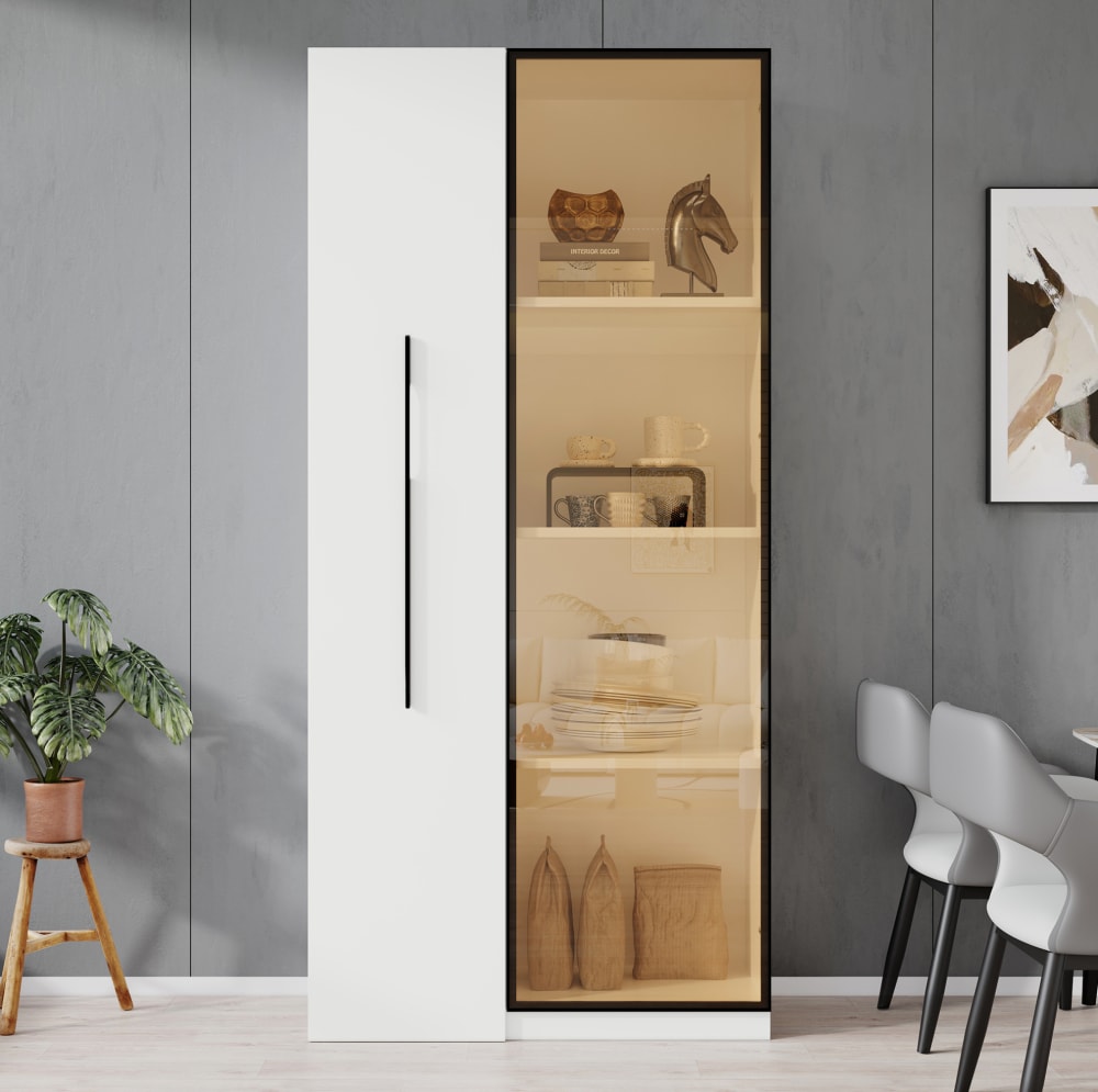 Vitrine led 160 cm avec porte, rangement latéral coulissant, blanc