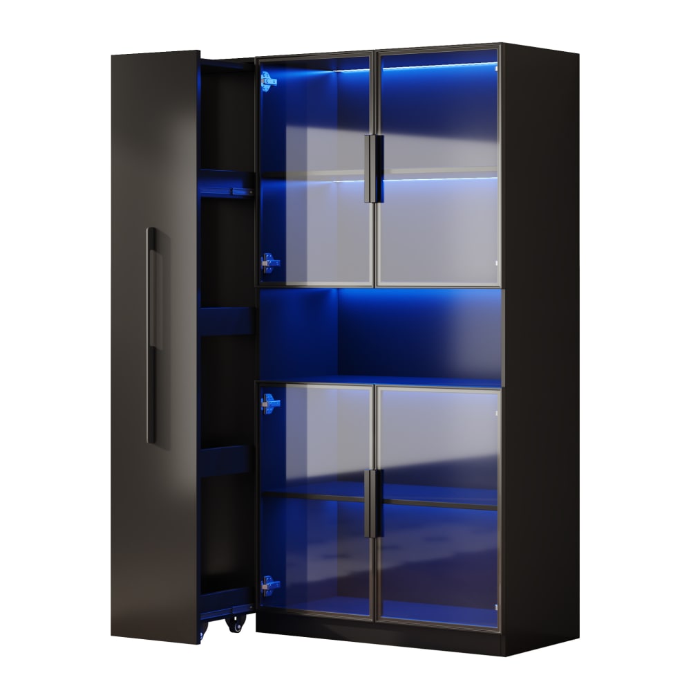 Vitrine en verre 110×35×160 cm, noire avec éclairage led et étagères