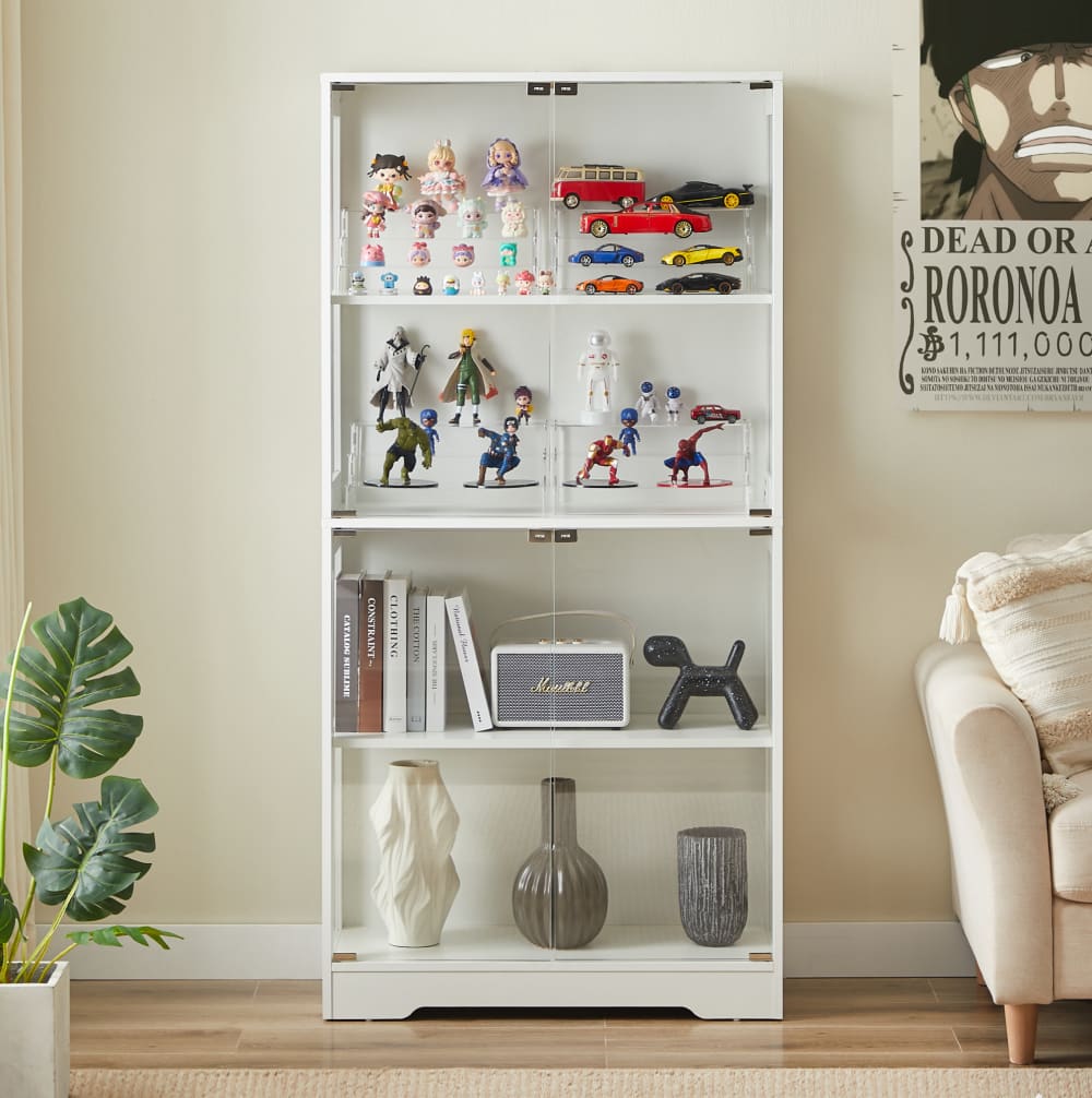 Vitrine en verre avec led et 4 portes, 80x35x165 cm, blanc