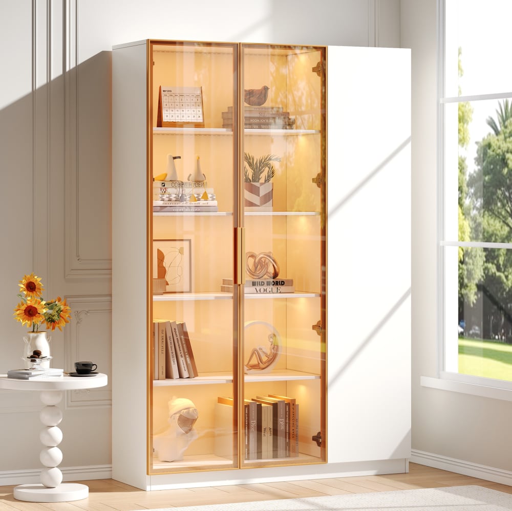 MODFU Vitrinenschrank mit LED, Sicherheitsglas, 3 Türen, 110x35x165 cm, Weiß style modern Weiß Spanplatte