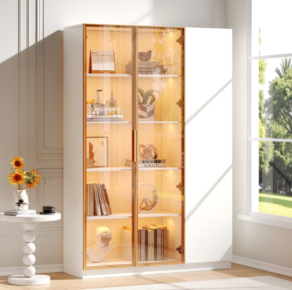 Vitrine avec led, verre de sécurité, 3 portes, 110x35x165 cm, blanche