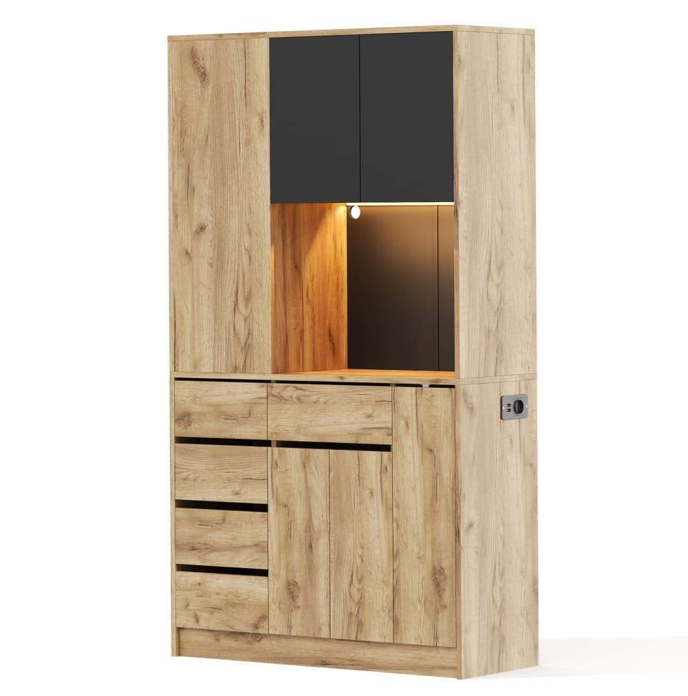 MODFU Küchenschrank mit LED, 4 Schubladen, 185x105x40 cm Schwarz+Natur style modern Braun Spanplatte
