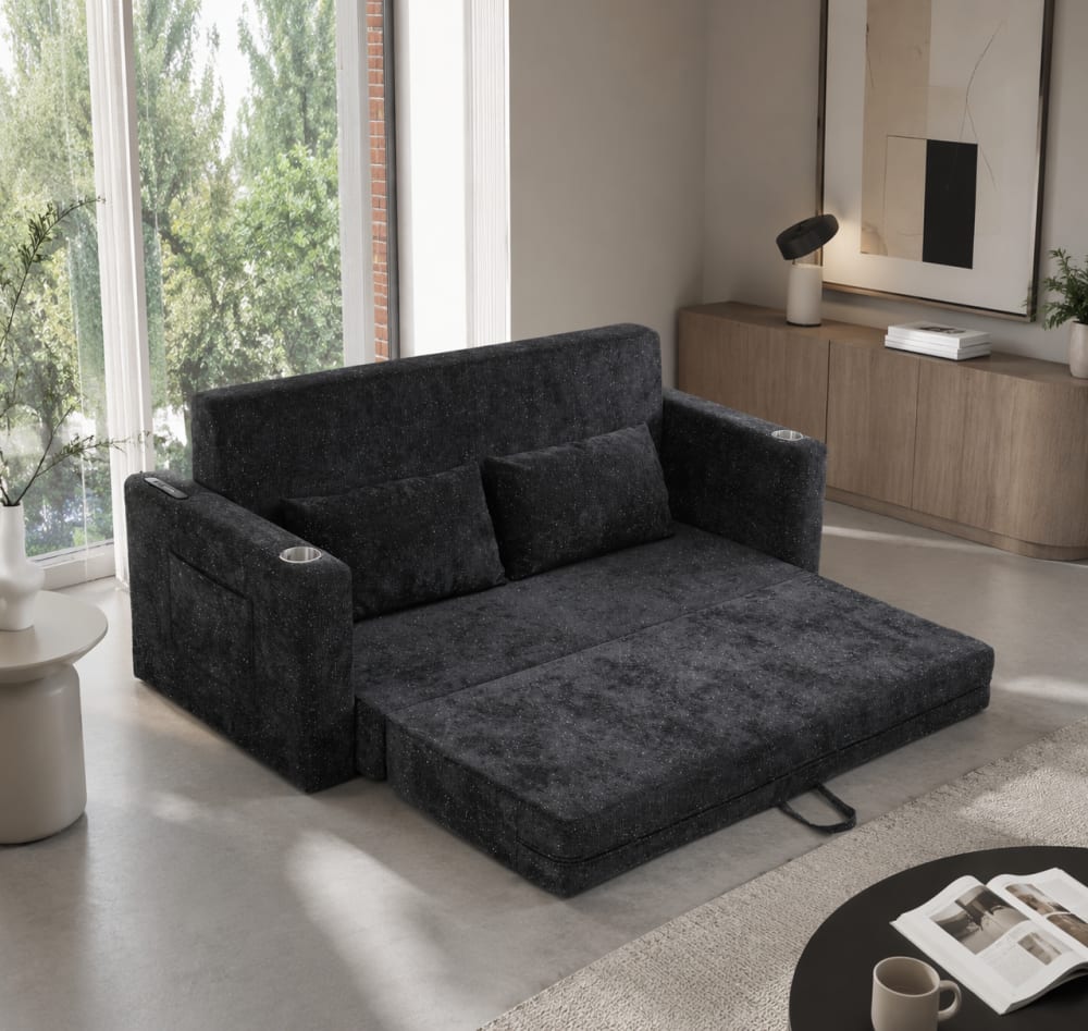 Klappbares 2-in-1 Sofabett mit USB, Becherhaltern, Schwarz/Grau -
