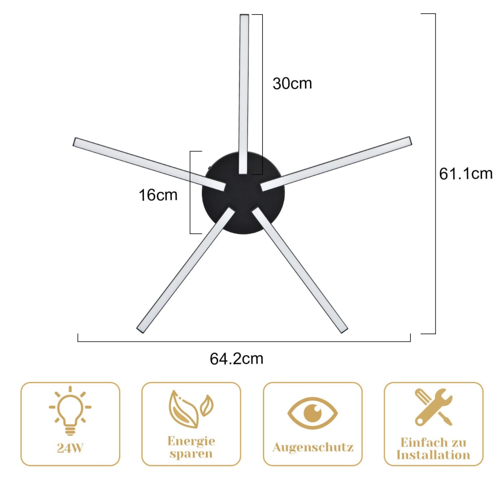 Plafonnier en fer aluminium noir 64.2x61.1x4.8cm led 3000k 24w — vue 4