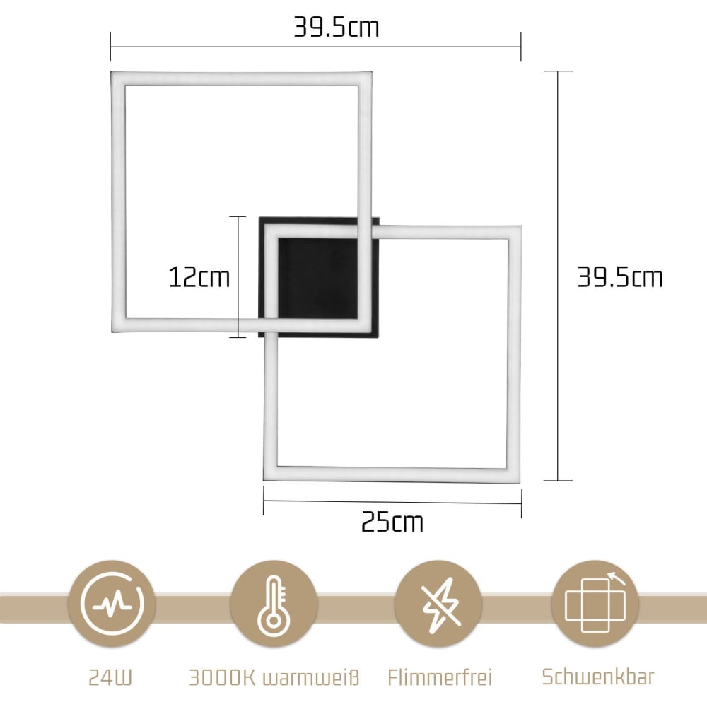 Plafonnier en plastique noir 39.5x39.5x6.7cm led 3000k 24w — vue 4