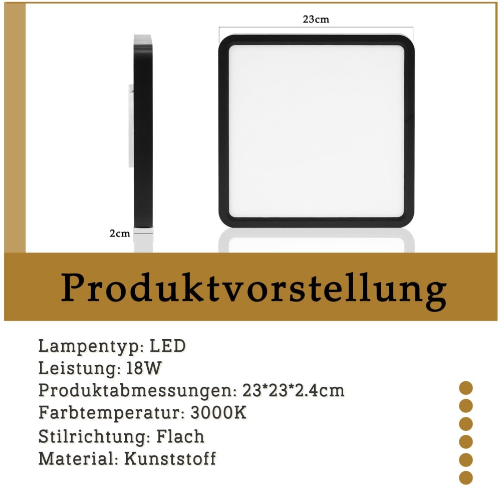 Plafonnier en plastique noir 23x23x2.4cm led 3000k 18w — vue 4