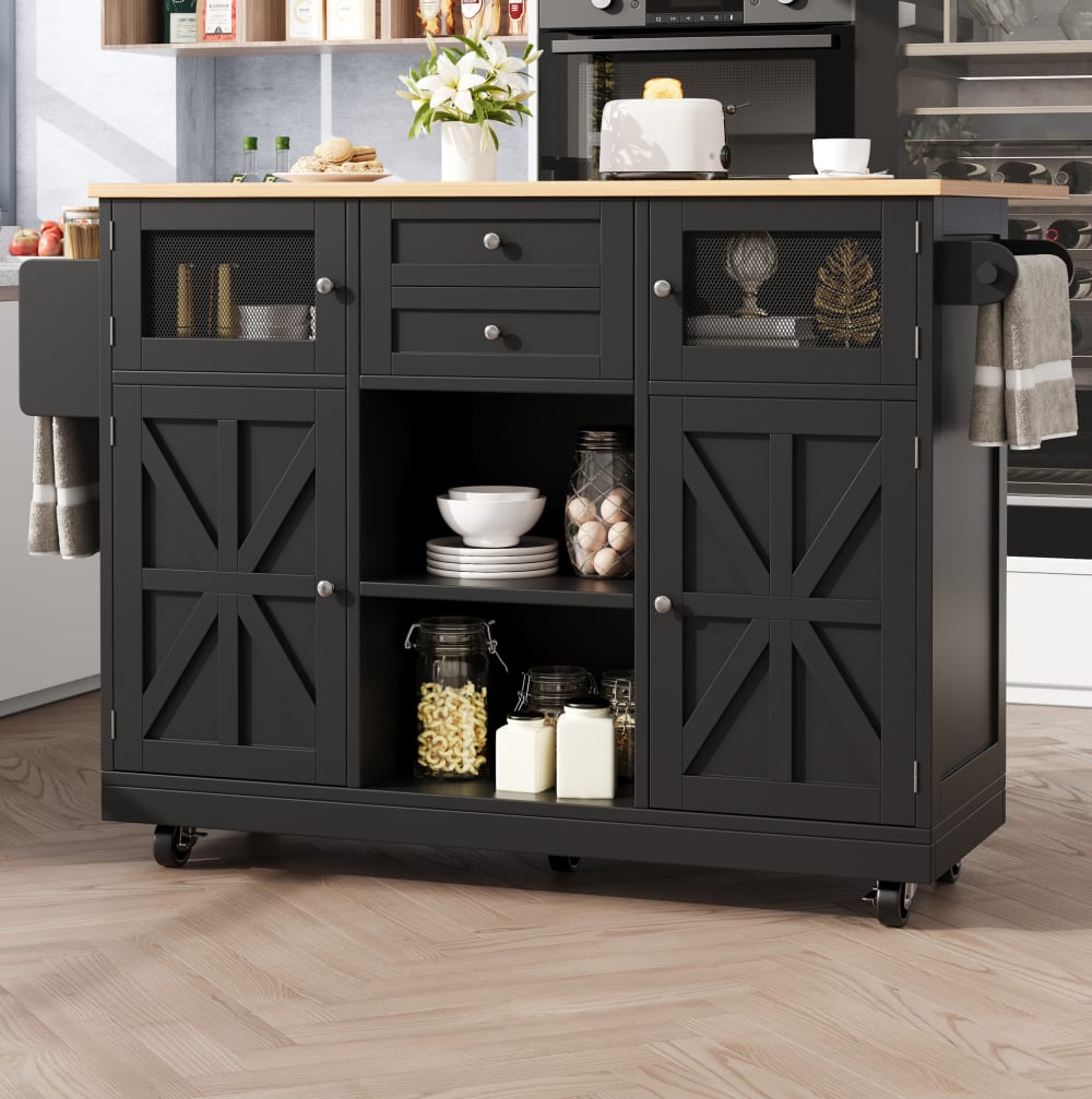Kücheninsel aus MDF mit Klappplatte 140x70x93,5 cm, Schwarz -