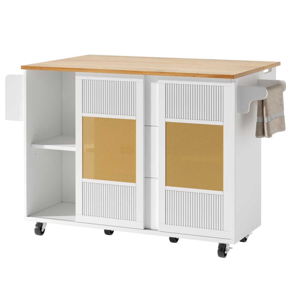 REDOM Kücheninsel aus MDF und Metall mit Klapptisch 146,85x70x90 cm, Weiß Weiß Metall