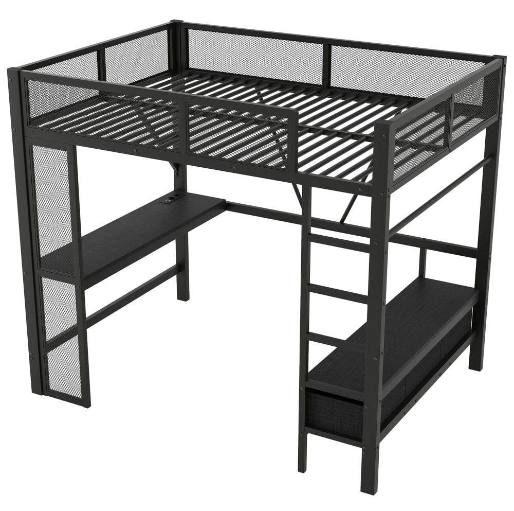 REDOM Spielhochbett aus Metall mit Schreibtisch und LED 140x200 cm, Schwarz SCHWARZ METALL Baby