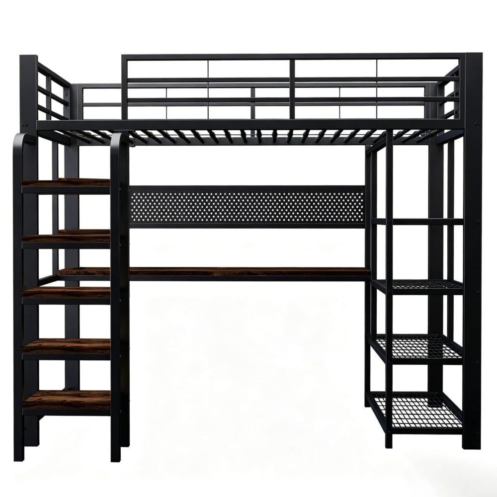 Lit mezzanine en métal et bois avec bureau led noir 90x200 cm