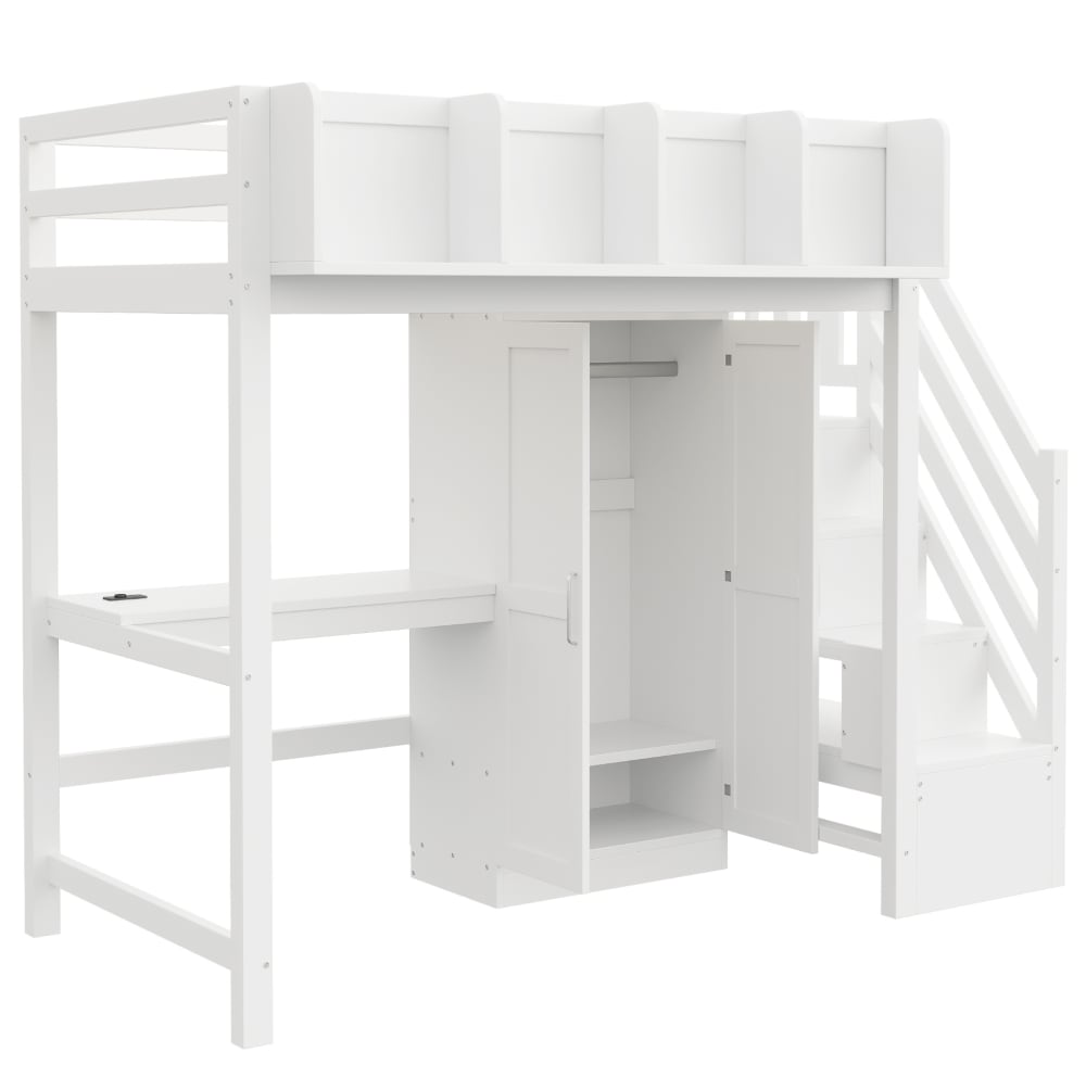 Lit mezzanine en bois avec bureau et armoire blanc 90x200 cm
