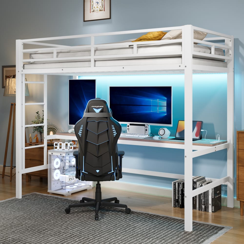 Hochbett aus Metall mit Schreibtisch 90x200 cm, Weiß - Maisons Du