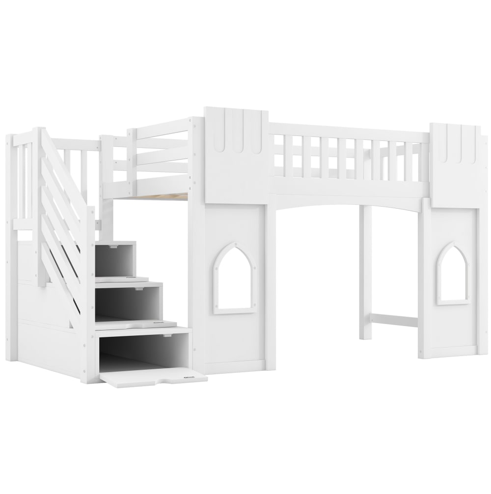 Lit mezzanine en pin et mdf avec escalier de rangement blanc 90x200 cm