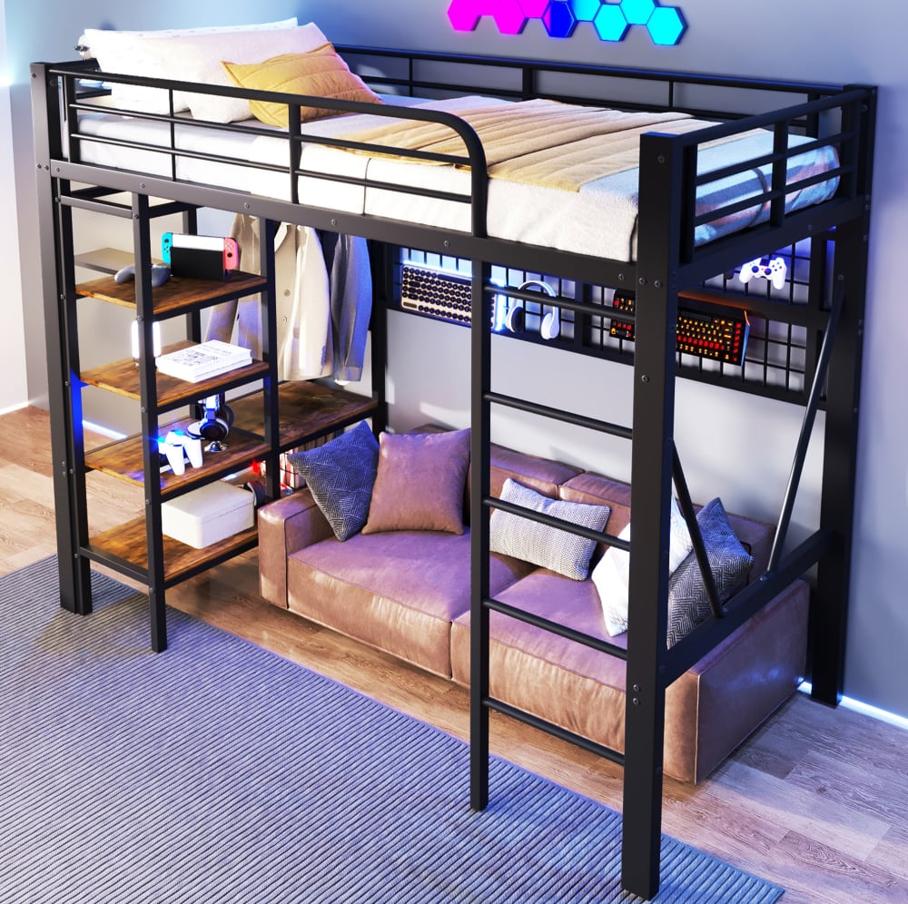Hochbett aus Metall mit LED-Lichtleiste 90x200 cm, Schwarz -
